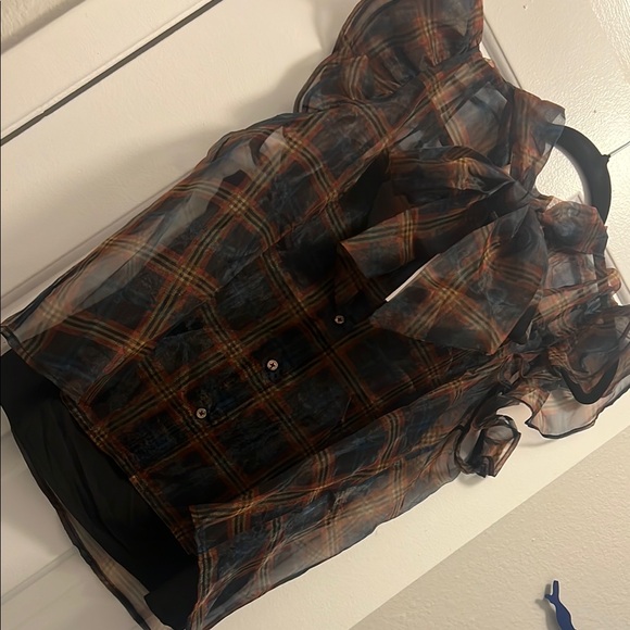 NWT Anthropologie Plaid Sheer Ruffle Top - Picture 3 of 8